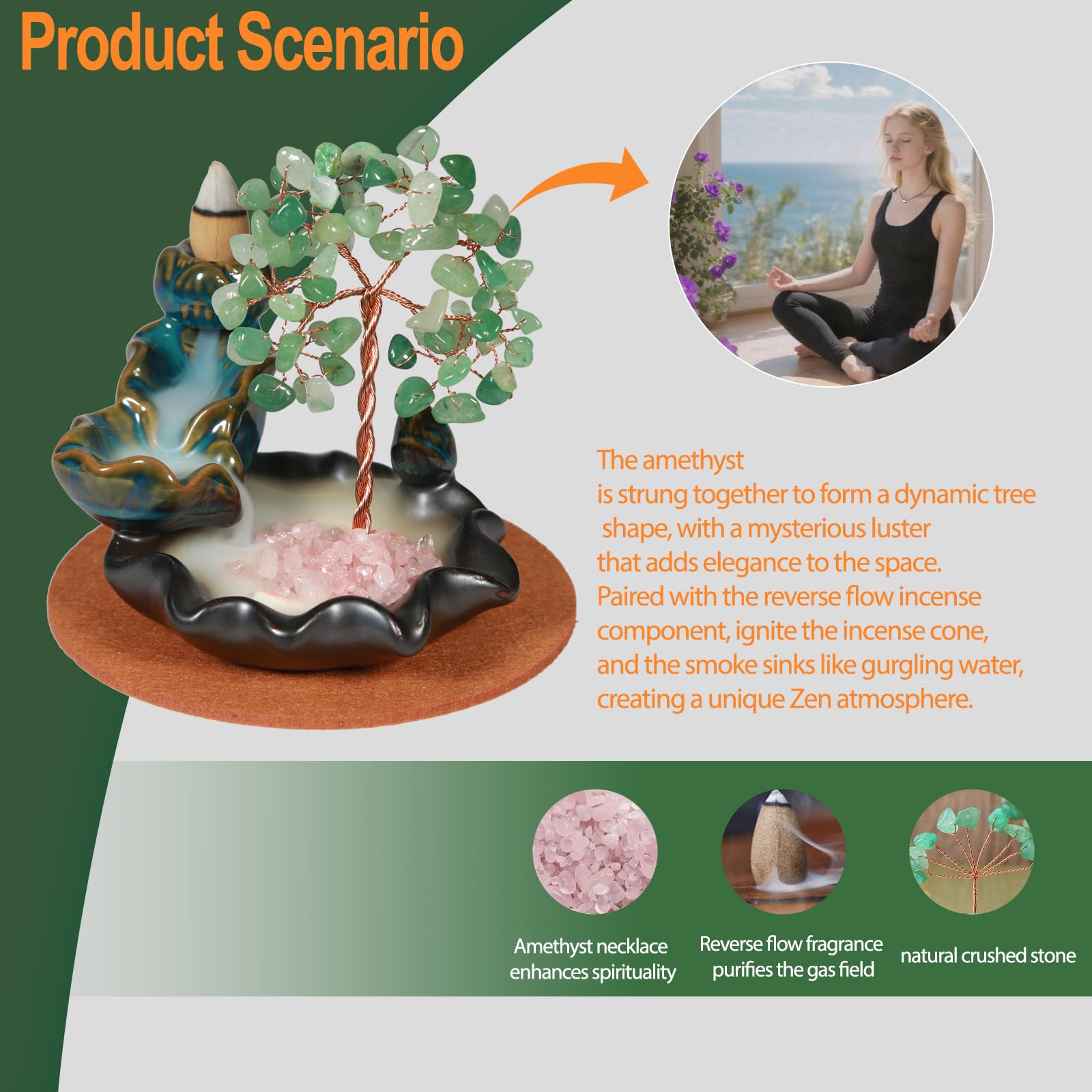 Waterfall Burner, Crystal Tree Backflow Incense Holder, with 30 Incense Cones, 30 Incense Stick, 1 Healing Crystal Necklace, Aromatherapy Anxiety Relief Items, Mom Gifts for Christmas