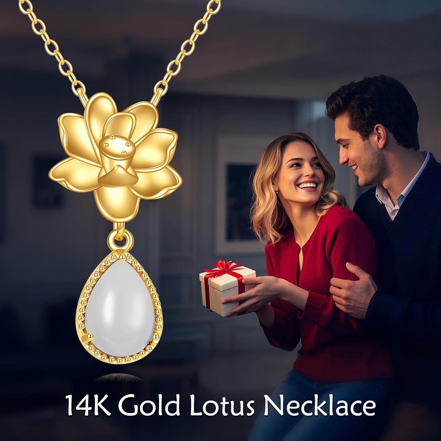 KECHO 14K Gold Lotus Flower Necklace Delicate Lotus Flower Chalcedony Pendant Jewelry for Women Birthday Valentines Day Gifts for Her Mom Wife