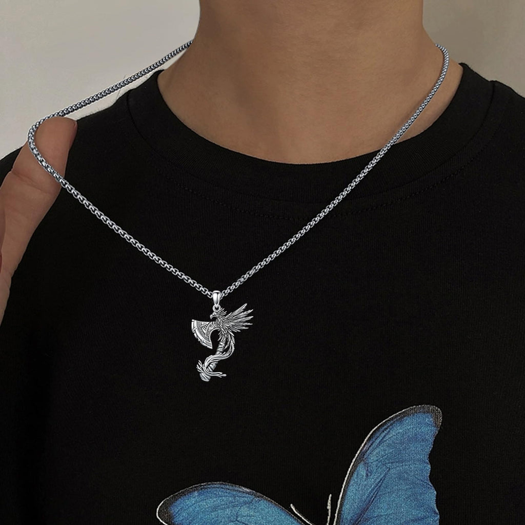 PELOVNY Phoenix Necklace 925 Sterling Silver Shield/Sword/Crystal/Tarot Card/Dog Tag/Cross/Abalone/Axe Pendant Rising Bird Jewelry for Anniversary Birthday Christmas Gifts Men Women