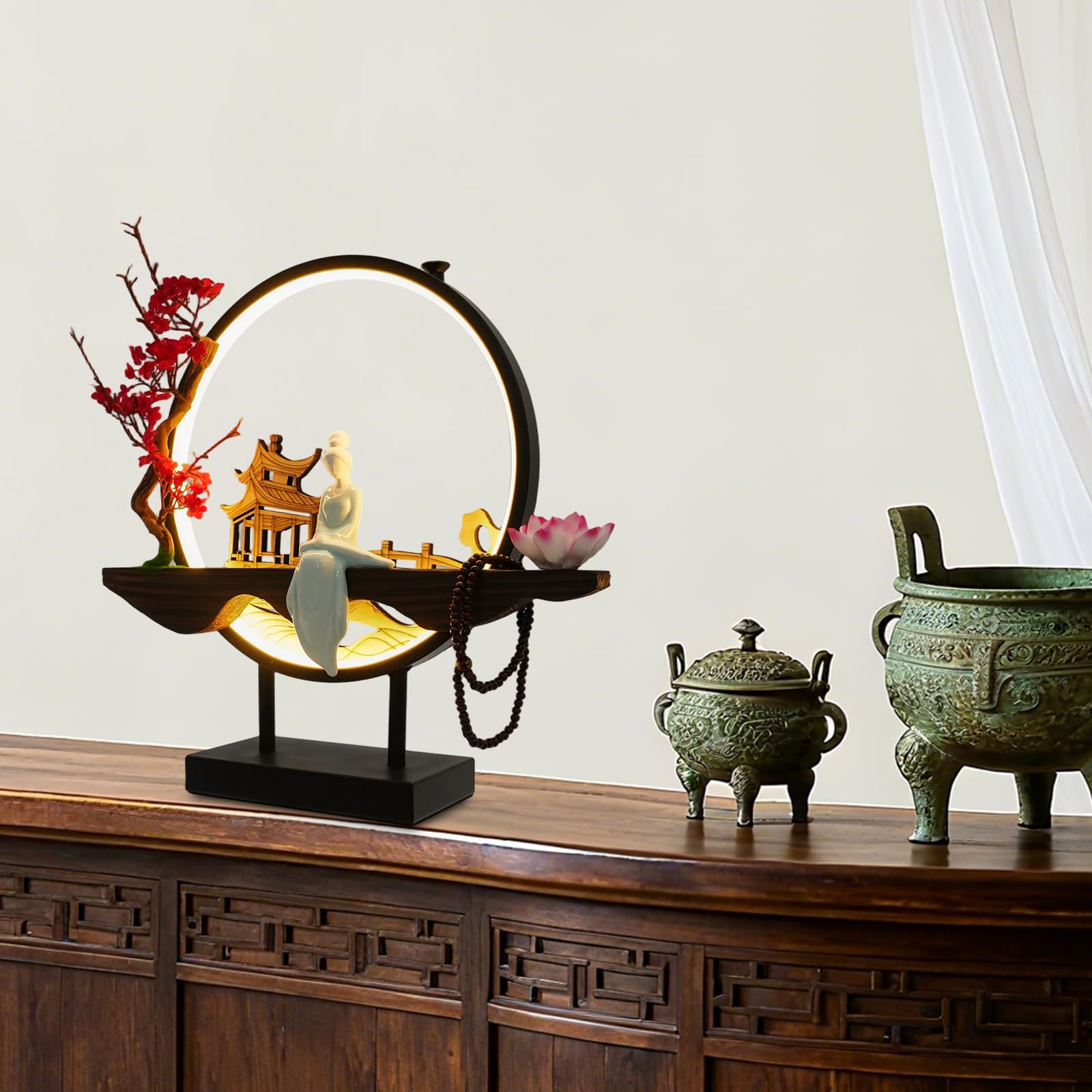 Backflow Incense Holder, Ceramic Incense Burner with Adjustable LED Light, Chinese Style Ornament Incense Holders with Backflow for Relaxing and Home Decor