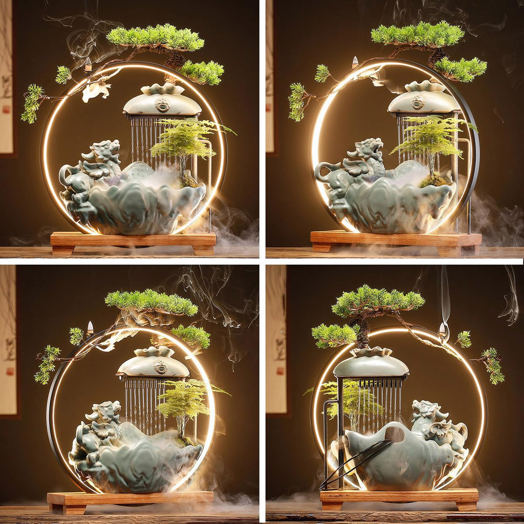 Waterfall Fountain Indoor with Mist, Tabletop Water Fountain,Desk Chinese Ceramic Pixiu Statue with LED Light Ring and Backflow Incense Burner Holder