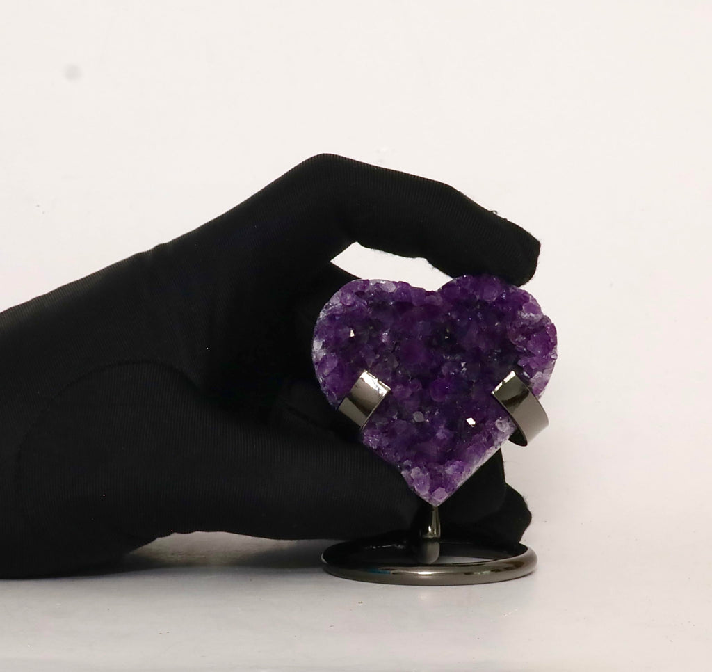 Hand-carved Amethyst Heart Cluster with Stand, Natural Raw Crystal Heart Stone 1–7 Inch tall (50g–1200g), Reiki Healing Gemstone, Love, spiritual Valentine Gift. (200-350 Grams-1.5 to 2.5" tall)