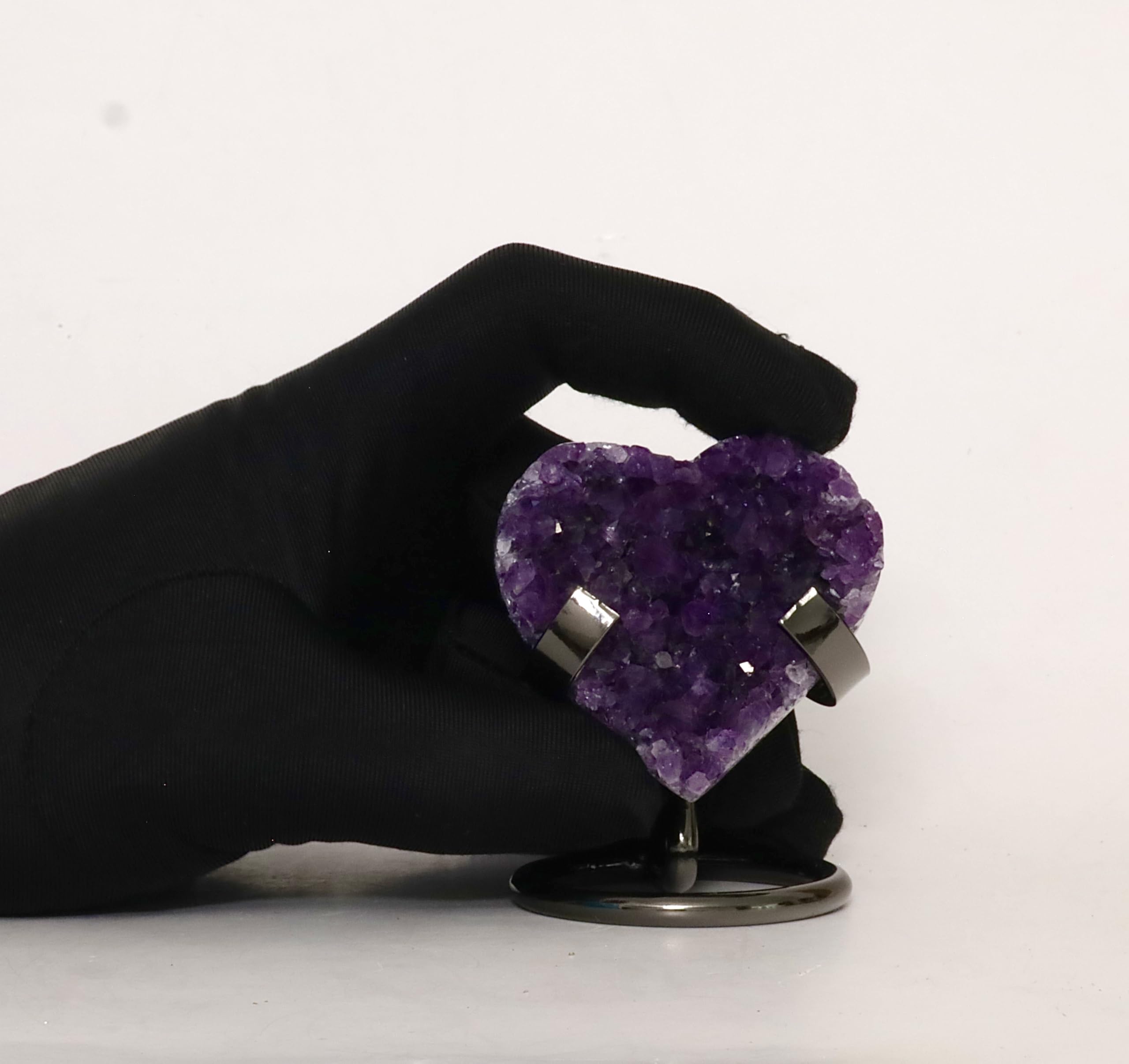 Hand-carved Amethyst Heart Cluster with Stand, Natural Raw Crystal Heart Stone 1–7 Inch tall (50g–1200g), Reiki Healing Gemstone, Love, spiritual Valentine Gift. (200-350 Grams-1.5 to 2.5" tall)