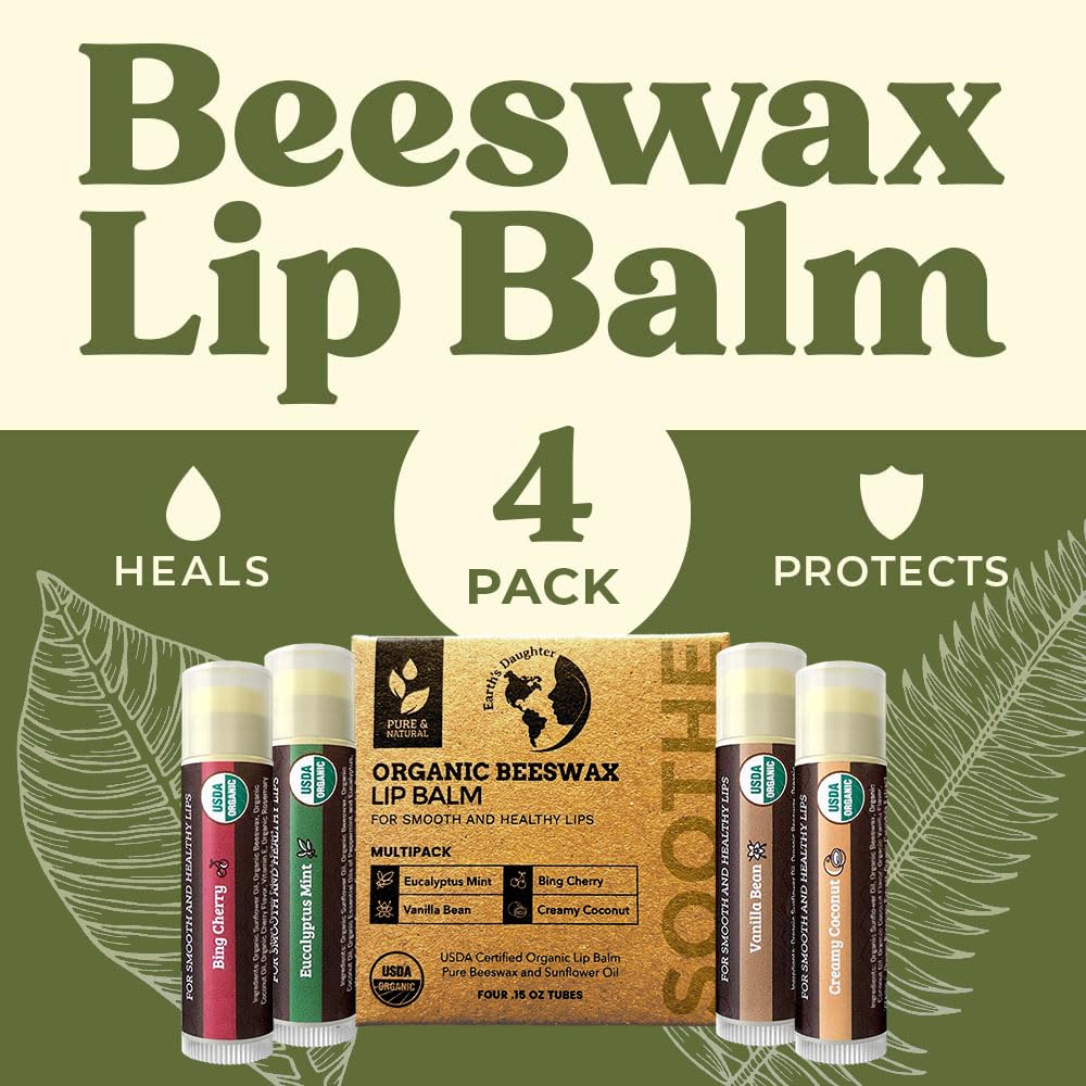 Earth's Daughter USDA Organic Lip Balm 6-Pack - Fruit Flavors, Beeswax, Coconut Oil, Vitamin E - Best Lip Repair Chapstick for Dry Cracked Lips - Moisturizing Lip Care