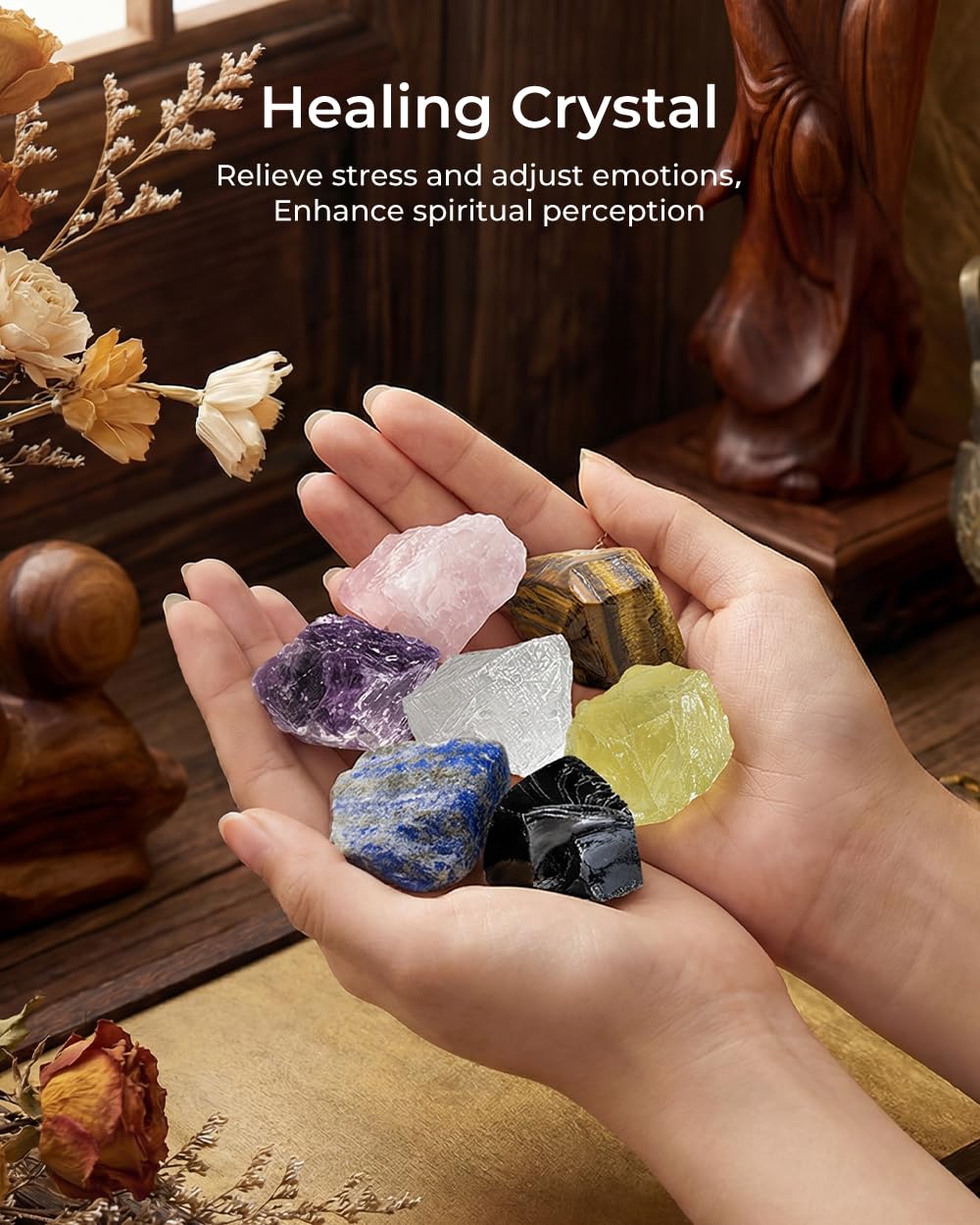 Crystals and Healing Stones, 9 Pcs Healing Crystals Set, 7 Chakra Crystal Stones Set Real Natural Selenite Pyramid Reiki Raw Rock Energy Protection Meditation with Wooden Box, Crystal Gifts for Women