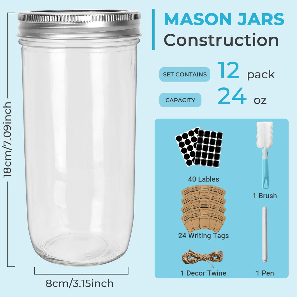 CycleMore 20 Pcs 12oz Glass Mason Jars With Silver Separable Lids, 350ml Round Canning Jars for Honey, Jam, Herb, Wedding Favor, Kitchen Storage Wide Mouth Bottles for Crafts, Meal Prep