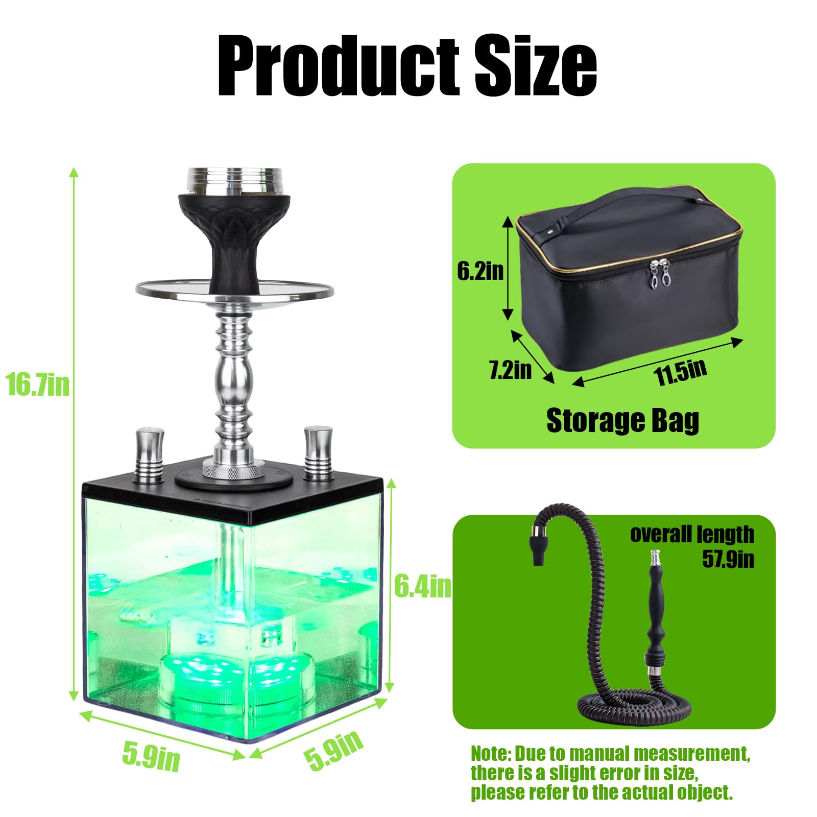 2 Hose Large Cloud Production Acrylic Hookah Set with Everything, Travel Kit with LED Hookah Machine for Shisha Smoking Experience（Black）