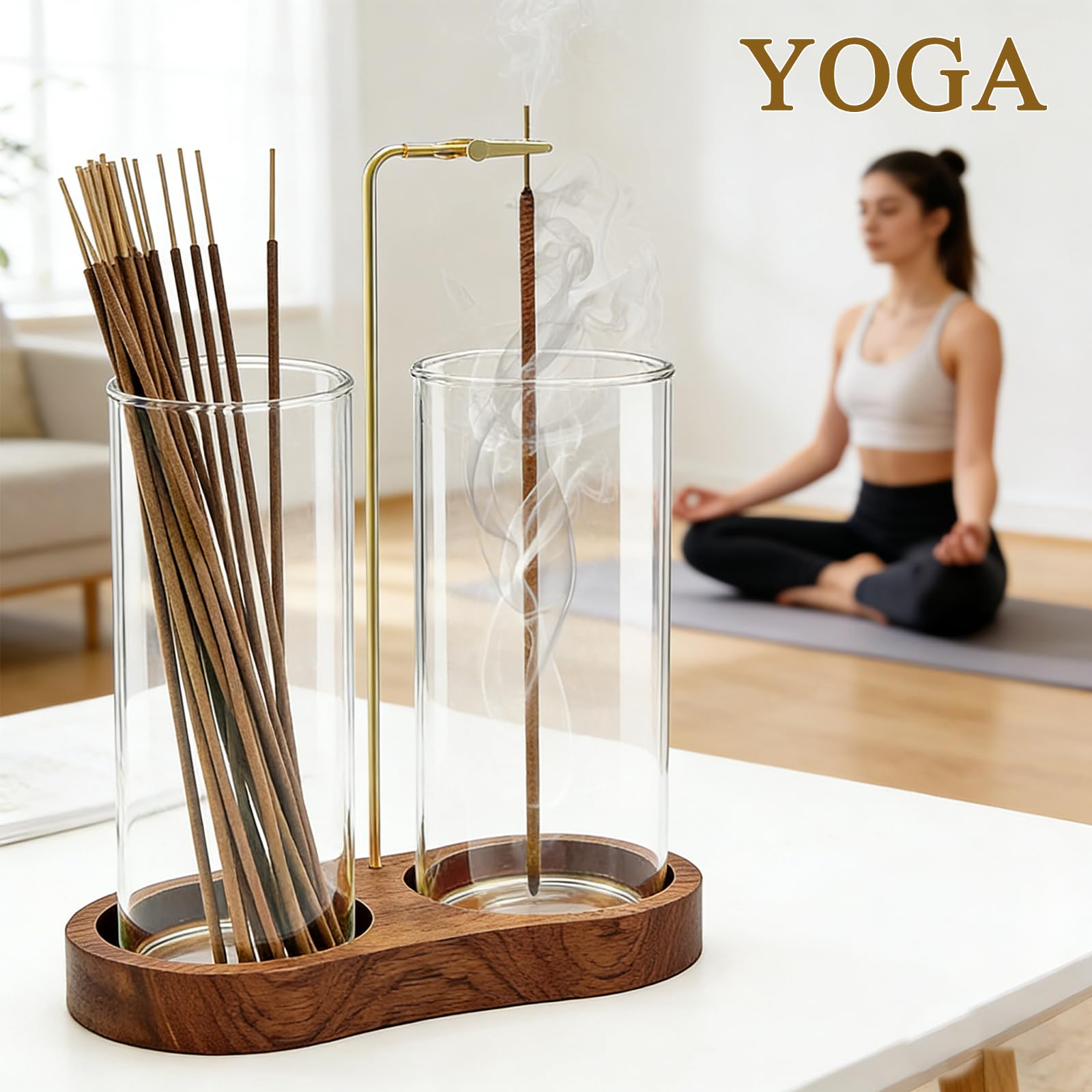 Ceremony Incense Holder, Wooden Incense Holder for Sticks with Glass Ash Catcher, Anti-ash Incense Burner with 20 Incense Sticks and a Ash Brush for Meditation Yoga Spa Room Decor