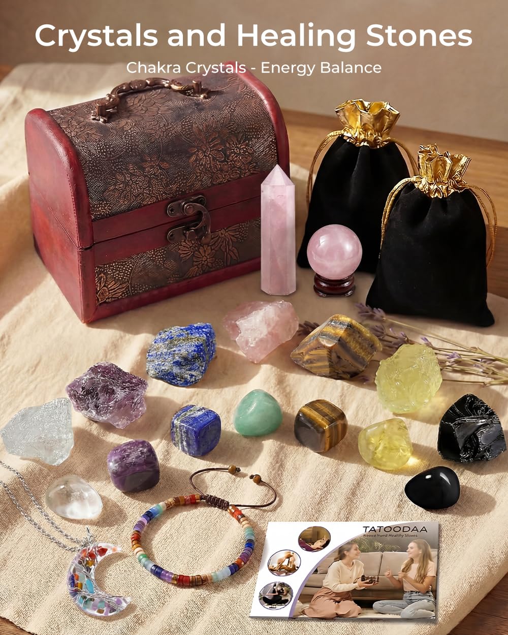Crystals and Healing Stones, 9 Pcs Healing Crystals Set, 7 Chakra Crystal Stones Set Real Natural Selenite Pyramid Reiki Raw Rock Energy Protection Meditation with Wooden Box, Crystal Gifts for Women