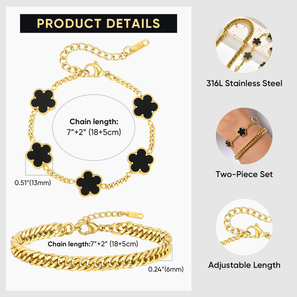 VNOX 2 PCS Floral Bracelets for Men Women -Womens Mens Stainless Steel Gold Cuban Chain Link Bracelet Lucky Charm Four Clover Flower Bracelets Trendy Jewelry Gifts