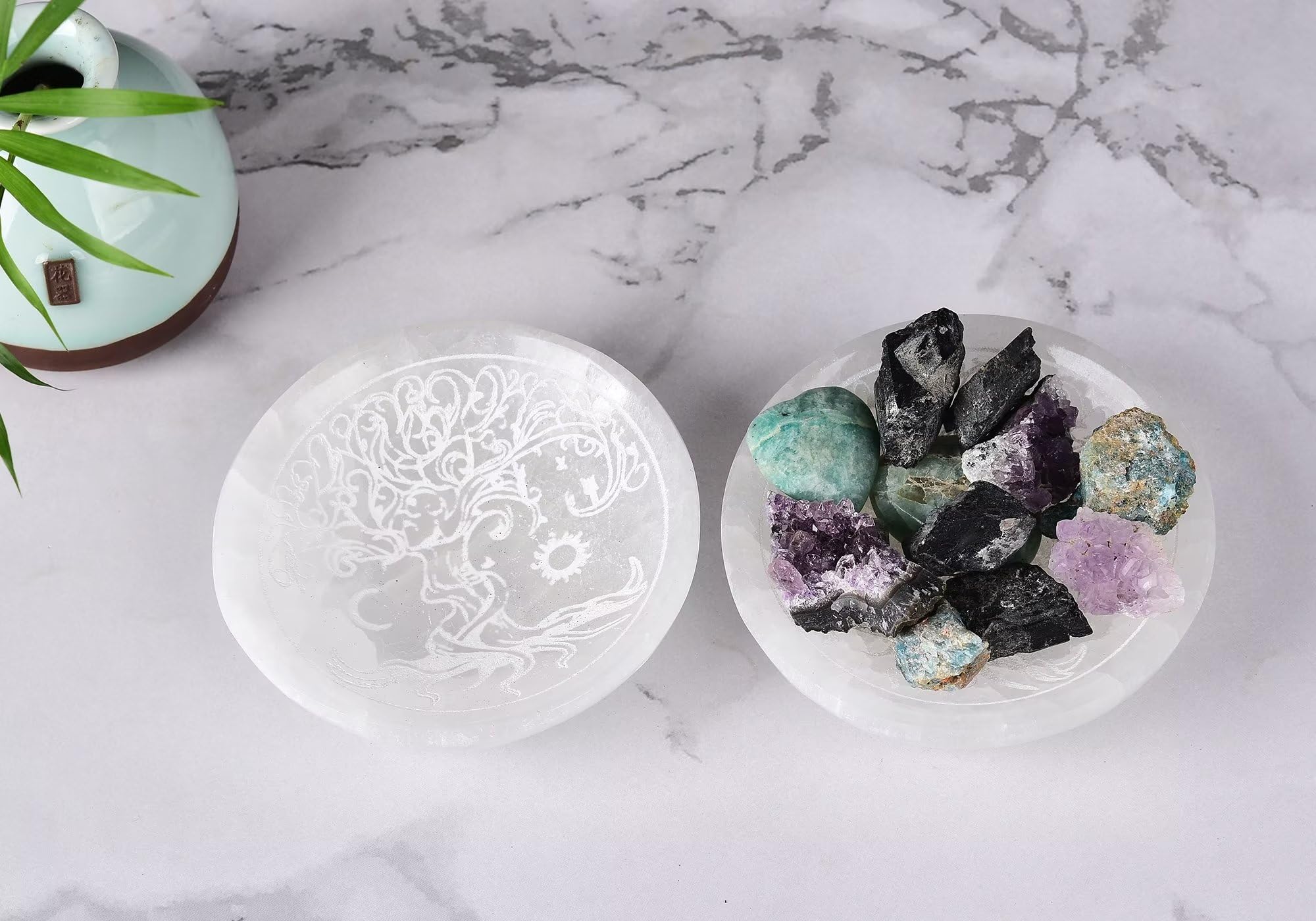 AMOYSTONE Natural Selenite Charging Bowl with Mandala Engraving 3.5-4'' Energy Cleansing Crystal Plate for Healing Meditation and Spiritual Home Decor