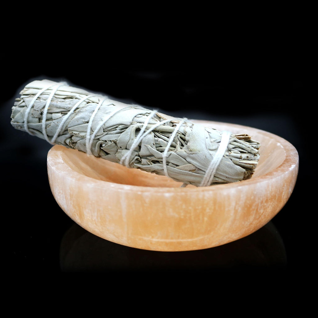 Soul Sticks Selenite Crystal Bowls for Smudging, Healing, Recharging Crystals | Pure Selenite Smudge Bowl & Crystal Charging Station Ethically Sourced in Morocco, Orange (4 Inch)