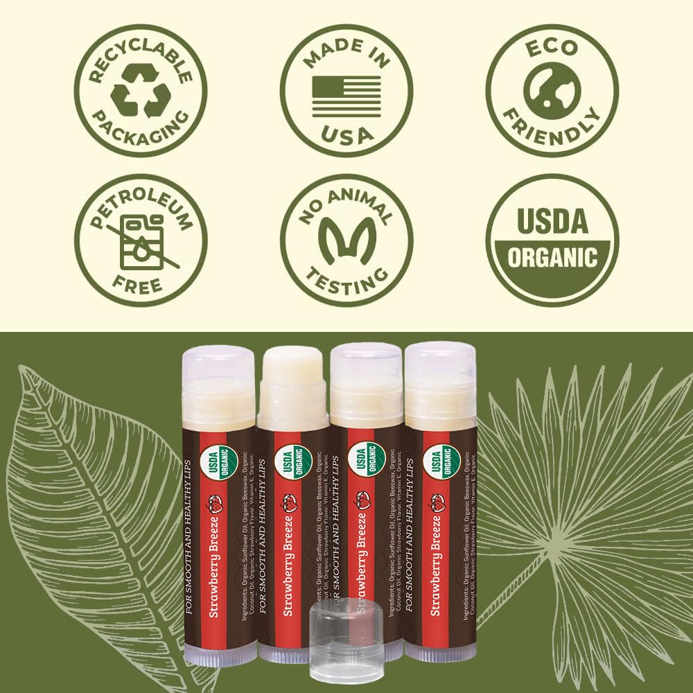 Earth's Daughter USDA Organic Lip Balm 6-Pack - Fruit Flavors, Beeswax, Coconut Oil, Vitamin E - Best Lip Repair Chapstick for Dry Cracked Lips - Moisturizing Lip Care