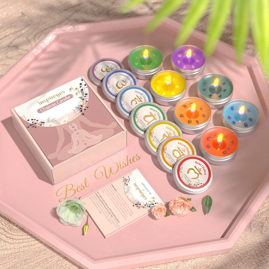 Inspireyes Scented Candles Set with Crystal, 3 Wick Candle 19 oz Soy Wax Aromatherapy Meditation Candles, Large Manifestation Candle with Large Energy Stones, Birthday Gifts for Women