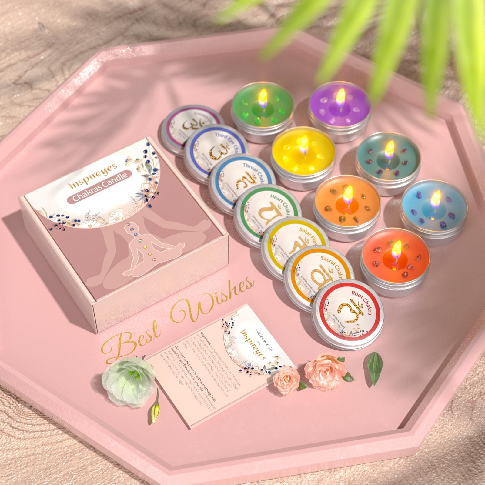 Inspireyes Scented Candles Set with Crystal, 3 Wick Candle 19 oz Soy Wax Aromatherapy Meditation Candles, Large Manifestation Candle with Large Energy Stones, Birthday Gifts for Women