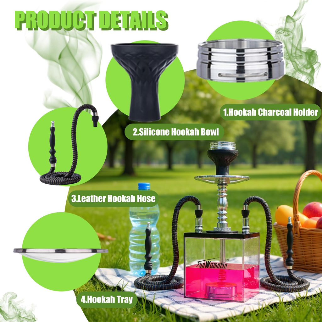 2 Hose Large Cloud Production Acrylic Hookah Set with Everything, Travel Kit with LED Hookah Machine for Shisha Smoking Experience（Black）