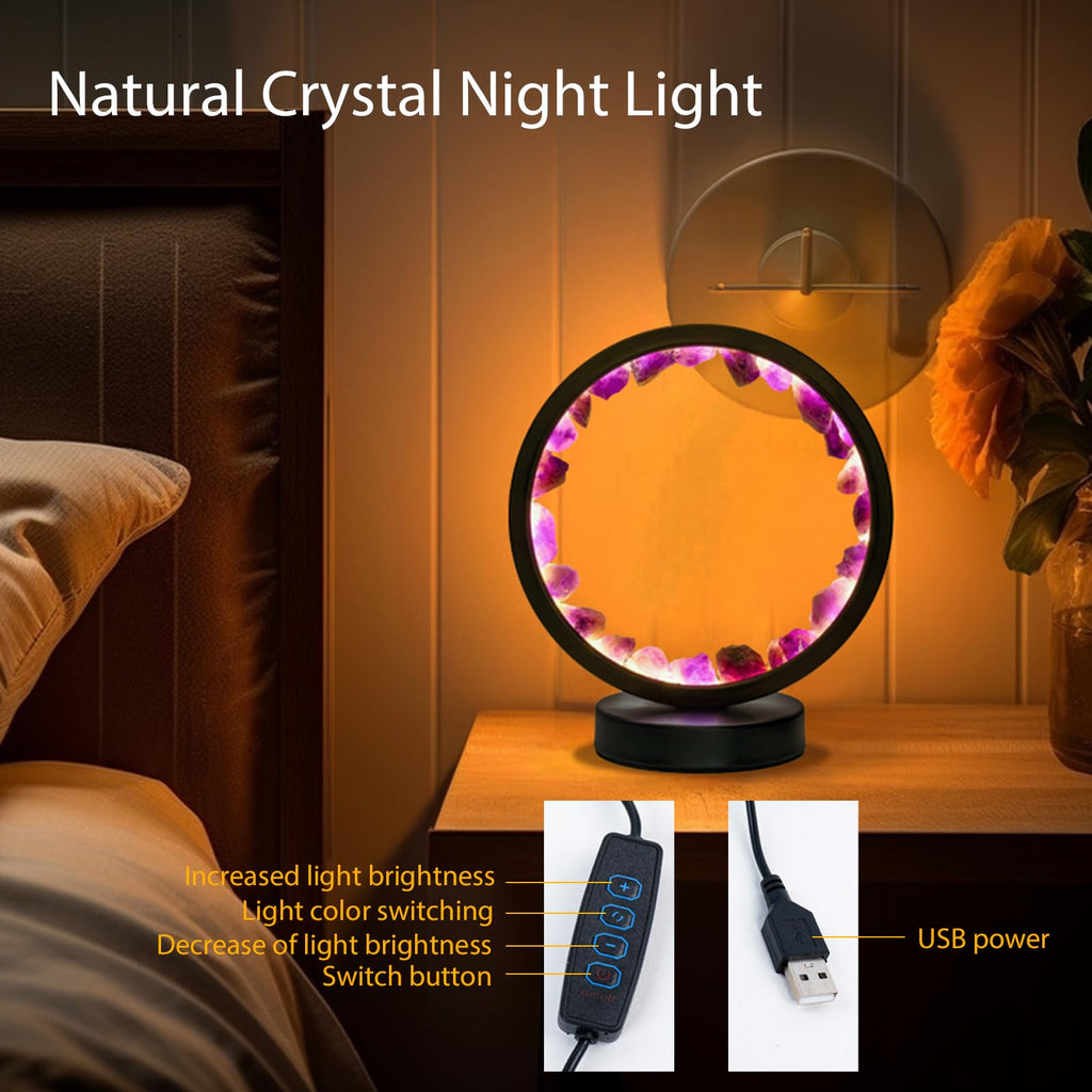 Runyangshi Amethyst Night Lamp 8.6" Natural Healing Crystal Bedside Lamp USB Port 3 Colours Dimming Mode Bedroom Lamp Suitable Night Light for Living Room Bedroom Office Home Decor Ideal Gift