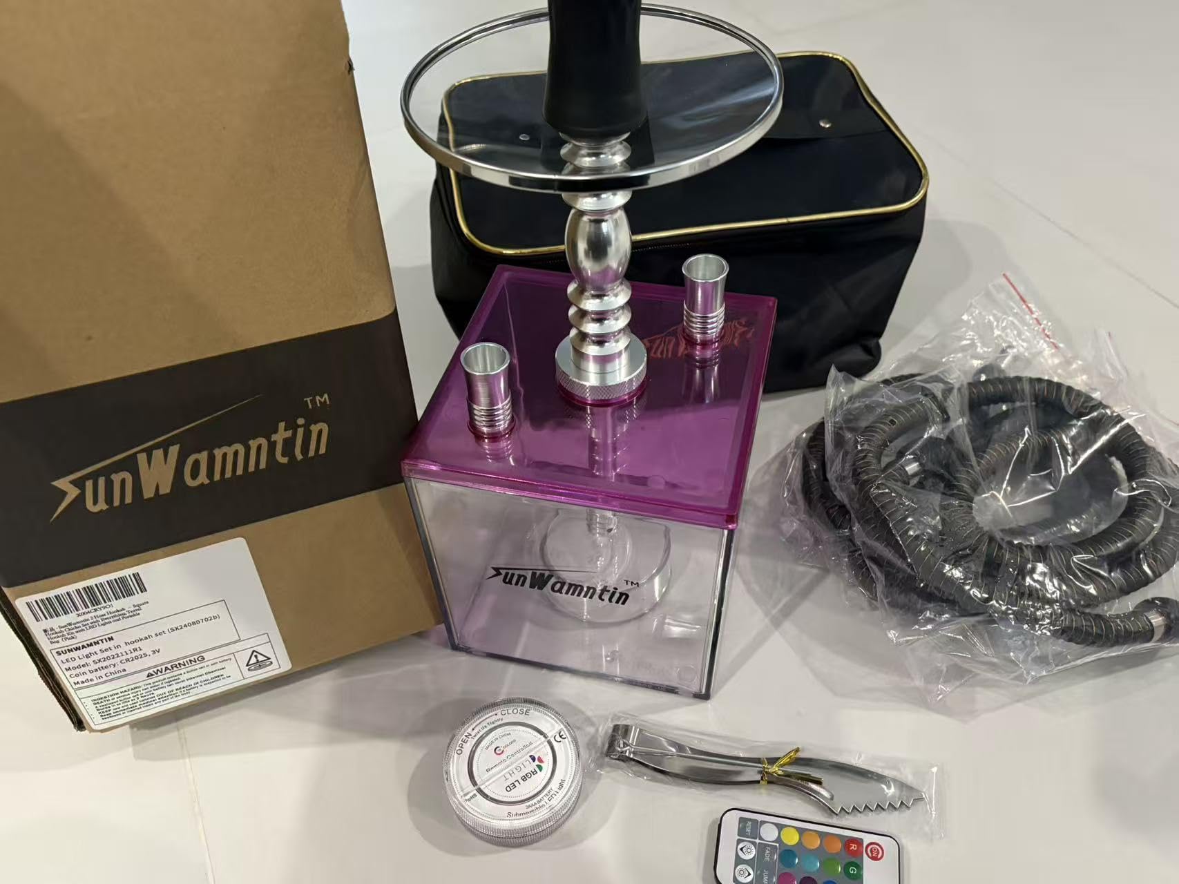 2 Hose Large Cloud Production Acrylic Hookah Set with Everything, Travel Kit with LED Hookah Machine for Shisha Smoking Experience（Black）