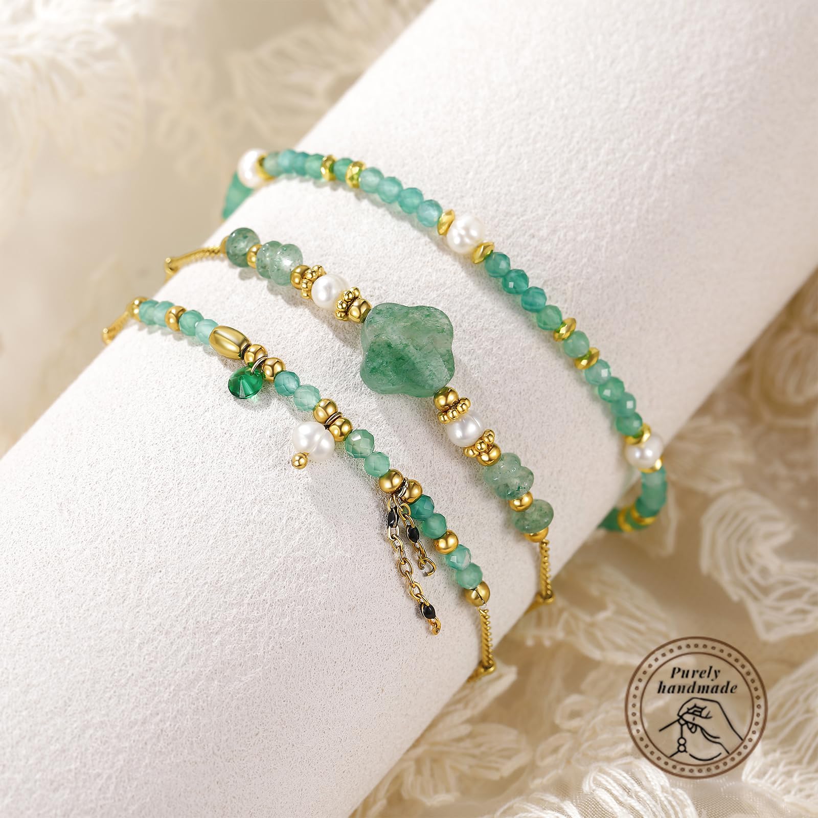 Beaded Bracelets Set for Women Stackable Healing Layered Bracelets Stack 3PCS Aquamarine Gemstone Crystal Dainty Boho Summer Jewelry for Women Natural Stone 14k Gold Plated