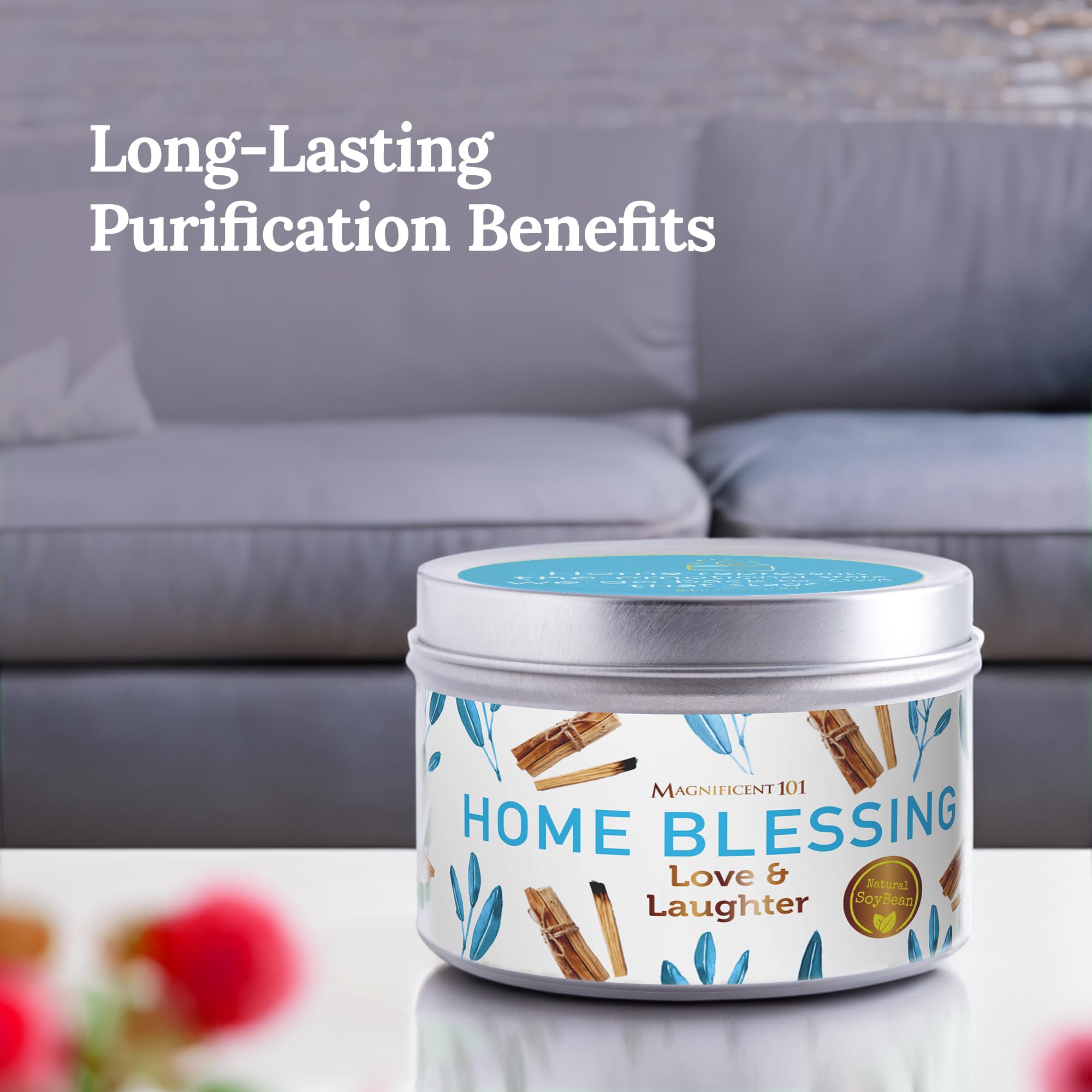 Magnificent 101 Long-Lasting Home Blessing - Love & Laughter Aromatherapy Smudge Candle - 6 Oz - 35-Hour Burn - Soy Wax, Sage, Bergamot & Sandalwood - Meditation & Manifestation - Sage Candle