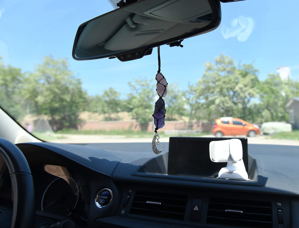 BOHO GARDEN Crystal Hanging Car Charm - Purple Rear View Mirror Hanging Car Accessories for Women, Moon Decor Hanging Ornament, Witchy Gifts and Healing Stones - Rose Quartz & Amethyst