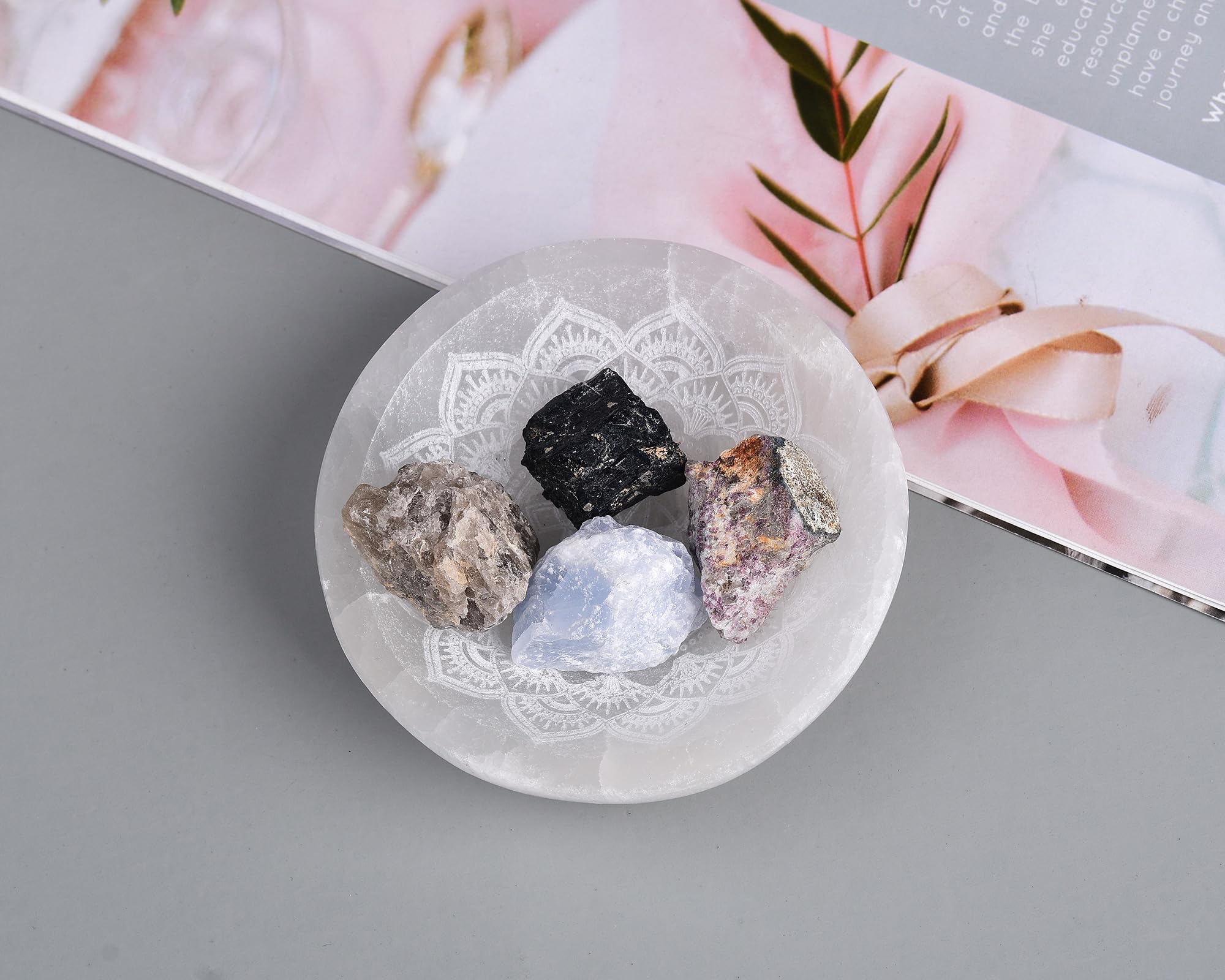 AMOYSTONE Natural Selenite Charging Bowl with Mandala Engraving 3.5-4'' Energy Cleansing Crystal Plate for Healing Meditation and Spiritual Home Decor