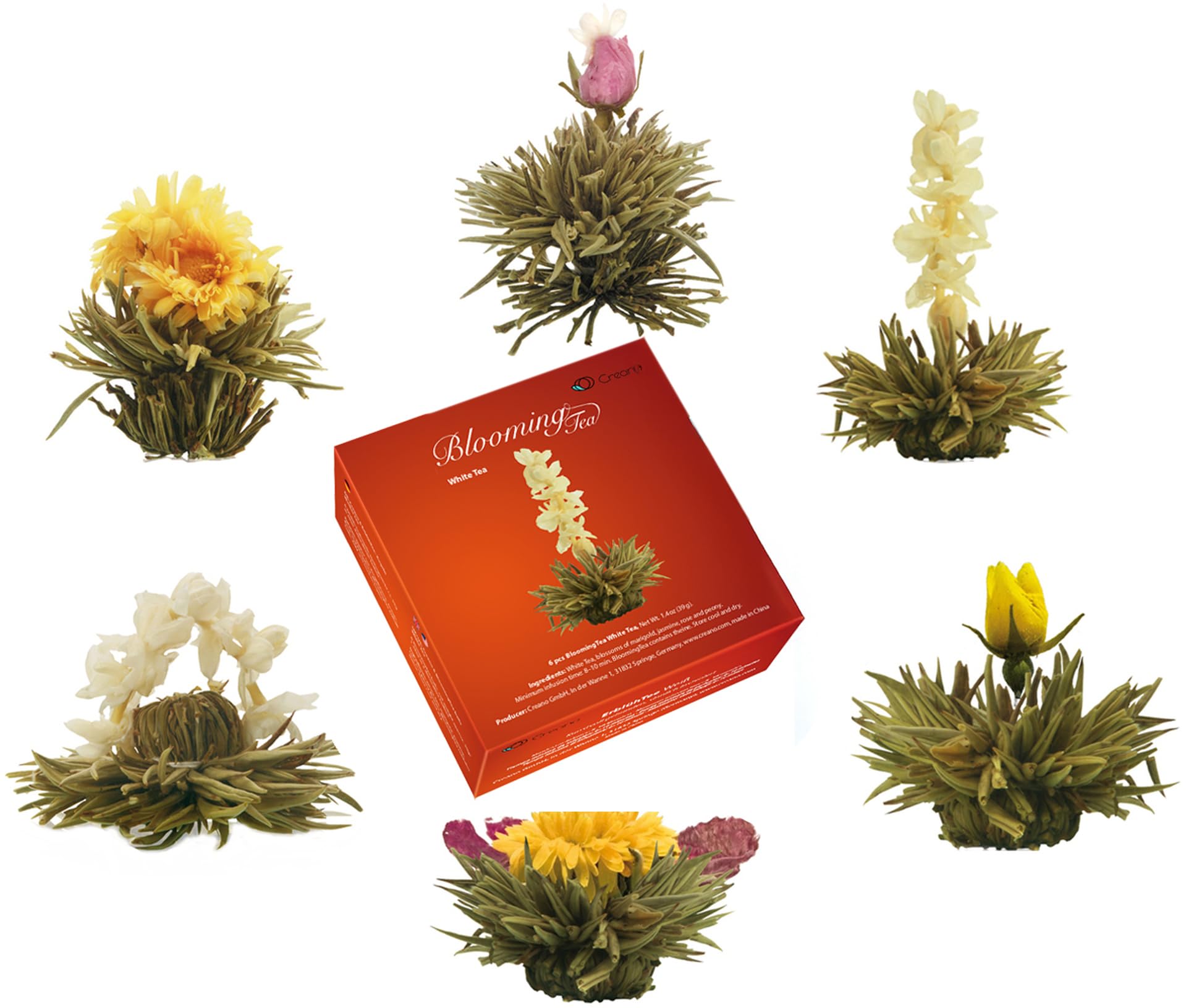 Creano Blooming Tea Gift Set with Glass Teapot 17oz (500ml) - Green Tea Fruity Flavoured Tea Flowers in 6 Varieties - Flowering Tea Gift for Easter