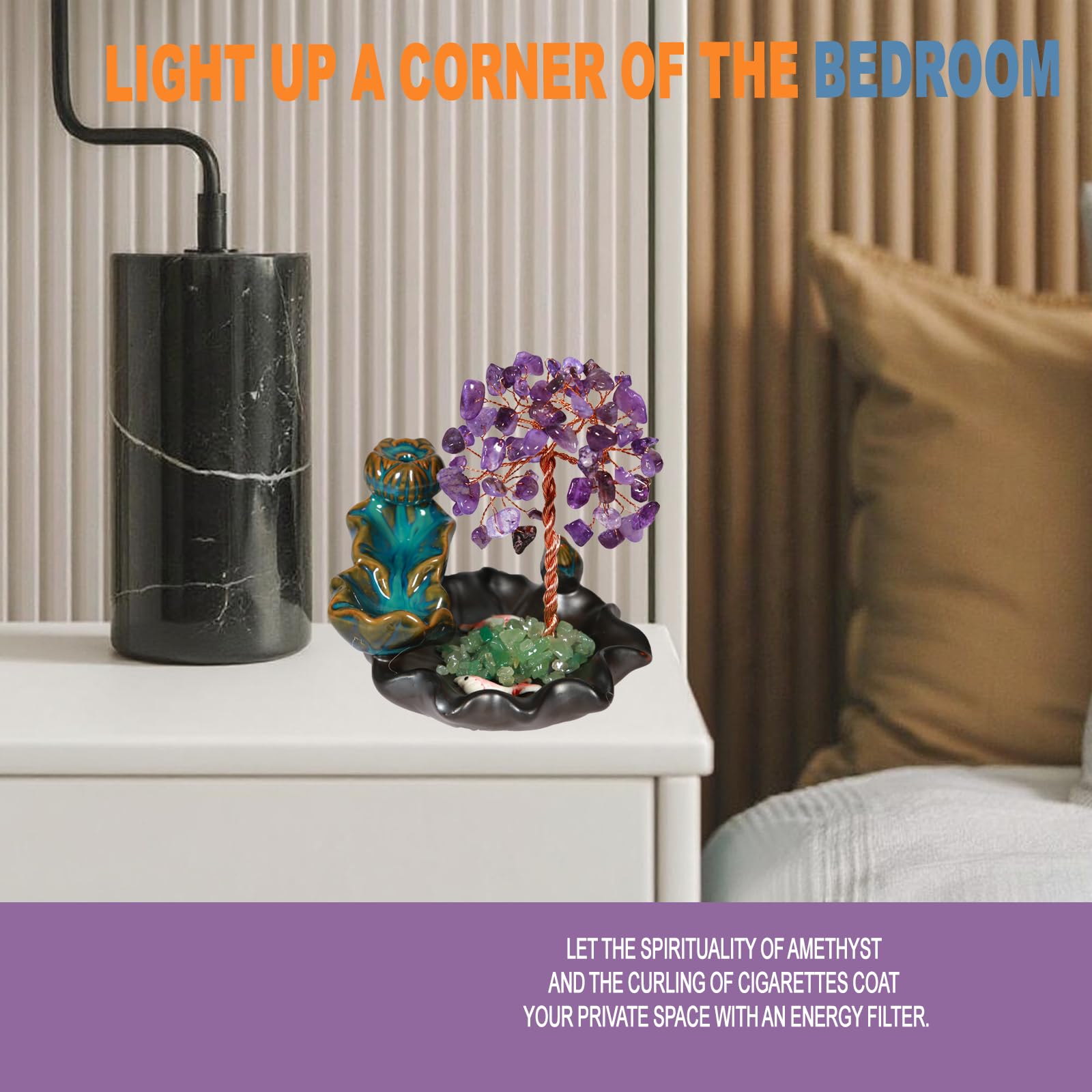 Waterfall Burner, Crystal Tree Backflow Incense Holder, with 30 Incense Cones, 30 Incense Stick, 1 Healing Crystal Necklace, Aromatherapy Anxiety Relief Items, Mom Gifts for Christmas