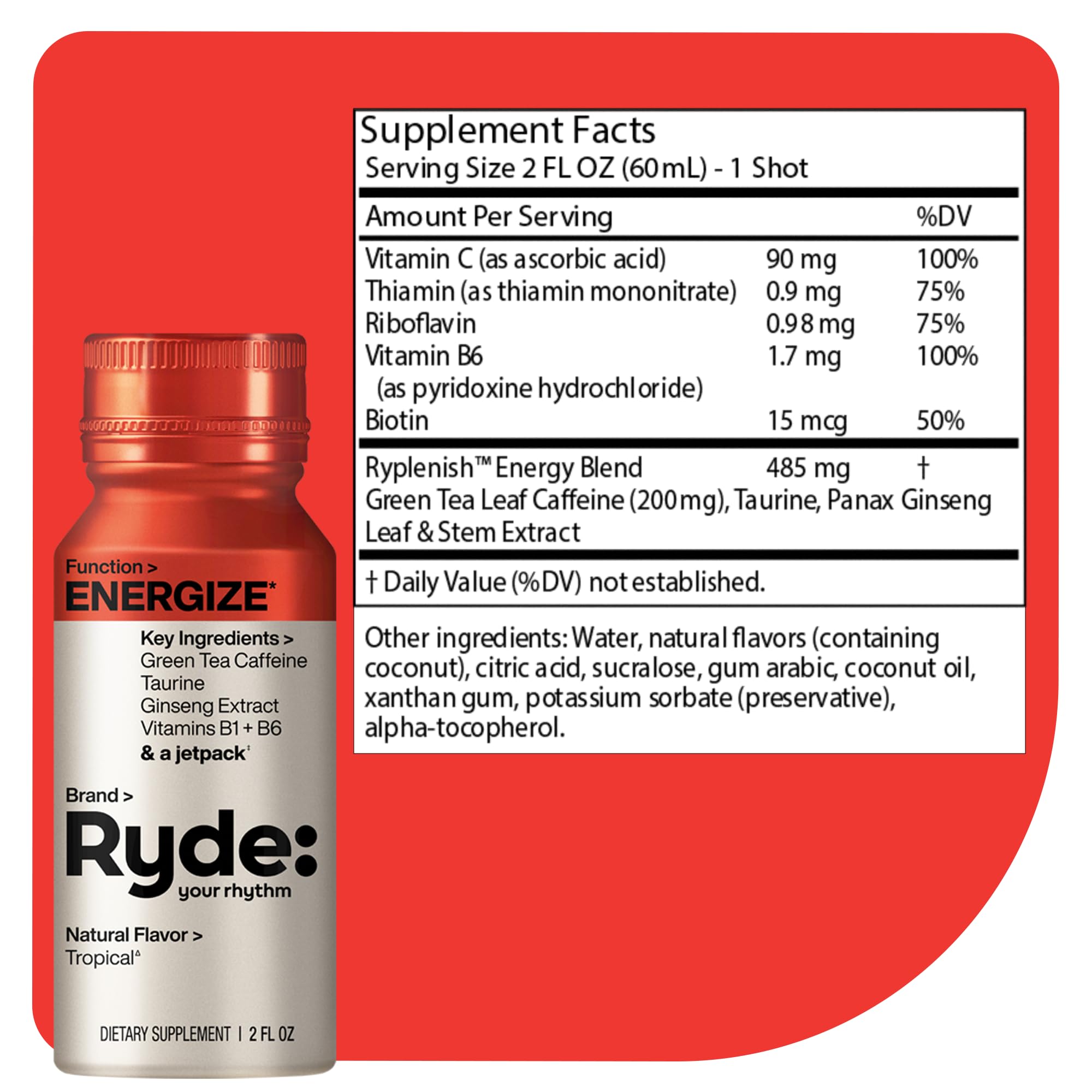 Ryde: Energize Shot | Tropical Flavor | Green Tea Caffeine, Taurine, Ginseng Extract & B Vitamins | 0 Calories, 0 Sugar | 2 FL OZ Shots | Boosts energy* (8 Pack)