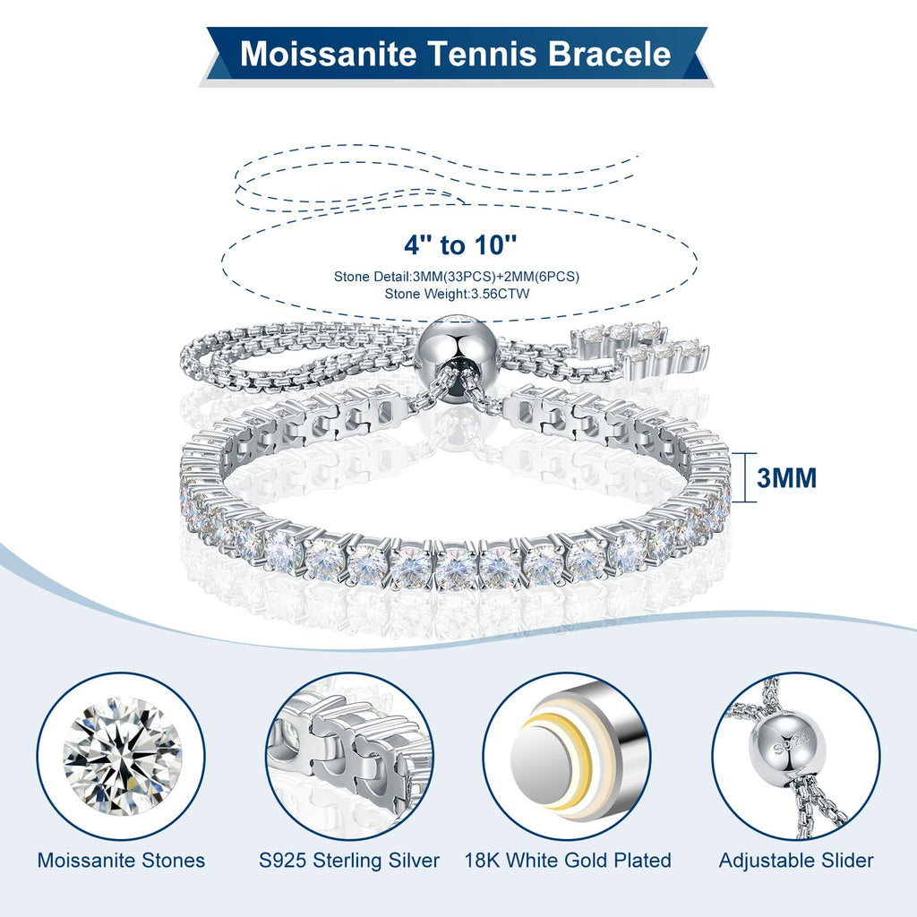 Moissanite Tennis Bracelet 1.79ct-8.69ct Adjustable Bracelet for Women 18K White Gold Plated S925 Sterling Silver Tennis Bracelet D Color VVS1 Round Cut 2/3/4mm Moissanite Bracelet Gifts for Wife/Mom
