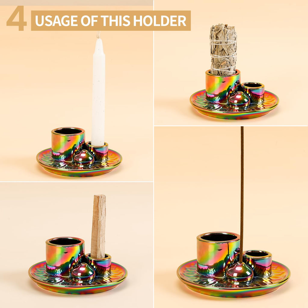 Handmade Ceramic Incense Burner for Palo Santo Incense Sticks, 4 in 1 Multi-Purpose Sage Holder for Burning, Ash Catcher Tray for Meditation Yoga Room (Golden)