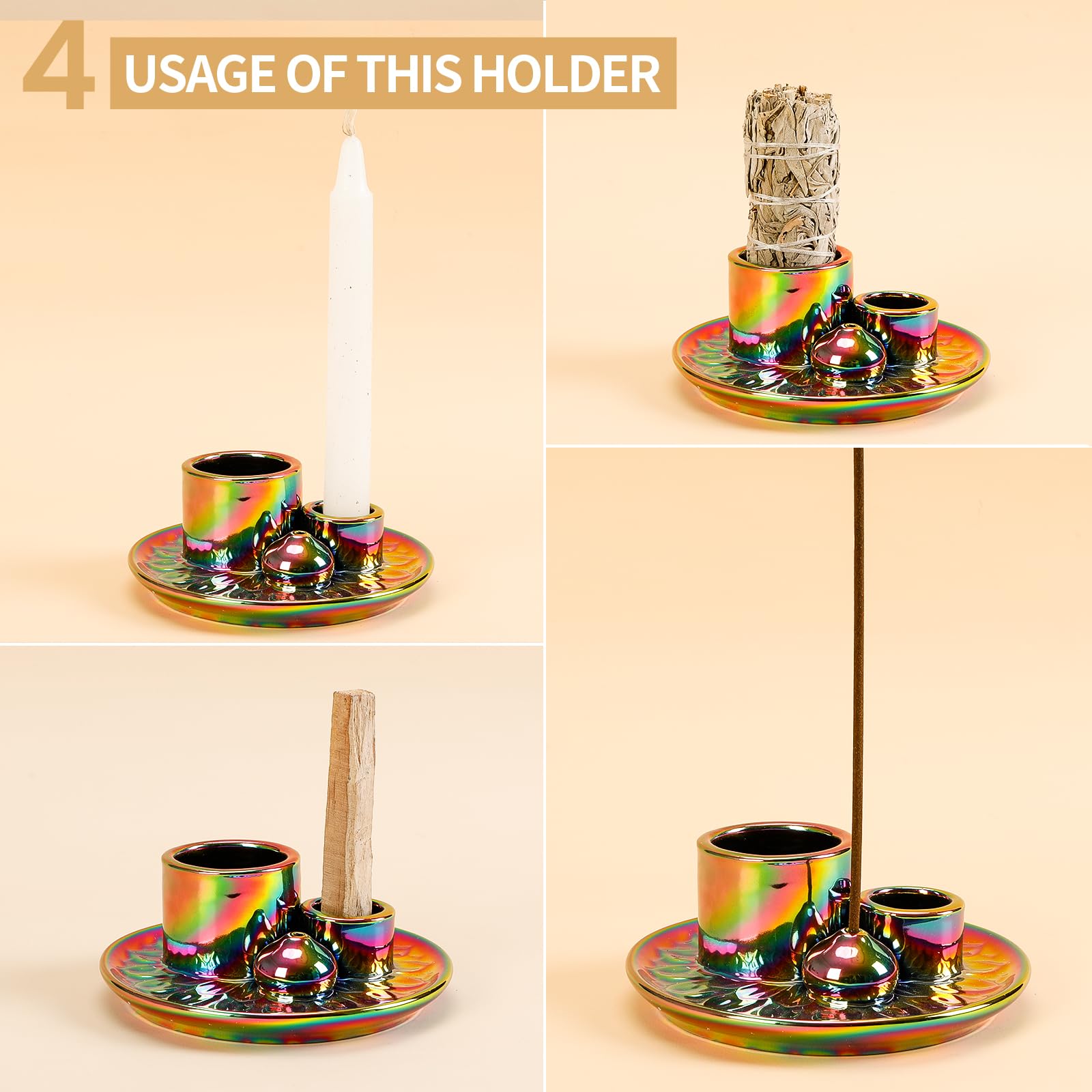 Handmade Ceramic Incense Burner for Palo Santo Incense Sticks, 4 in 1 Multi-Purpose Sage Holder for Burning, Ash Catcher Tray for Meditation Yoga Room (Golden)