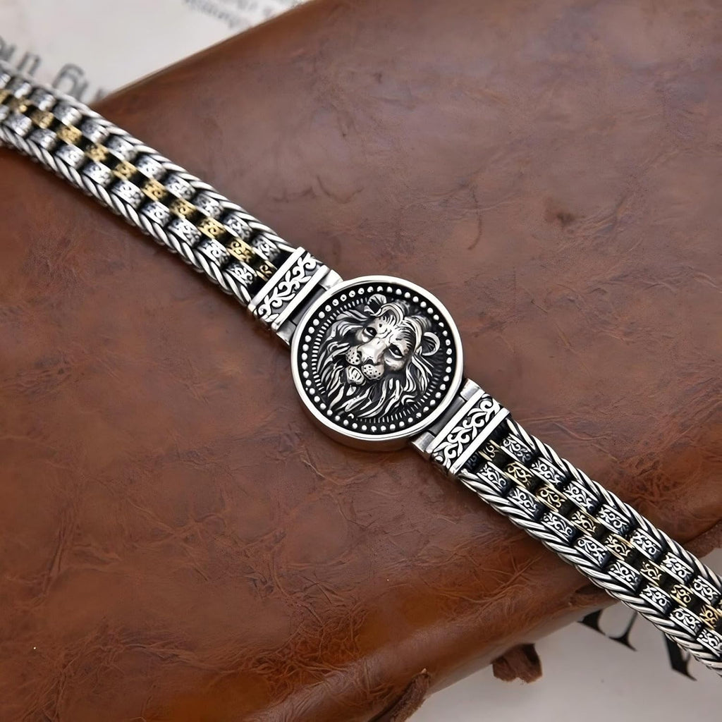 Italian Handmade Sterling Silver Mens Bracelets | Solid S925 Chain Bracelets | Men's Silver Bracelet Gift for Dad, Boyfriend, Son, My Man (8.6'' Lion Circular Vintage)
