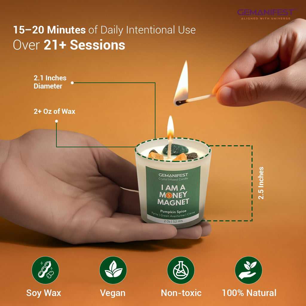 Money Manifestation Candle with Pyrite Bracelet for Wealth Prosperity and Success Pumpkin Spice Soy Candles for Office Home Scented Prosperity Crystal Candle Gifts for Men Women