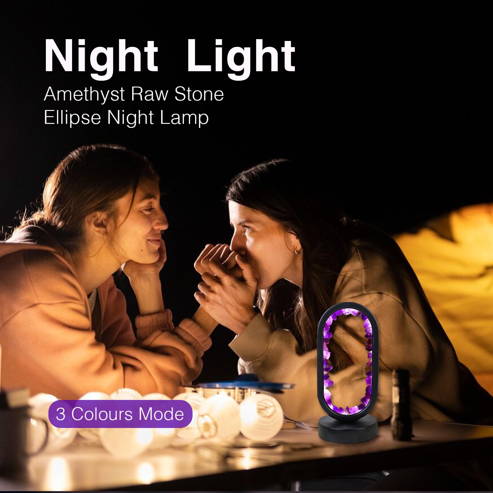 Runyangshi Amethyst Night Lamp 8.6" Natural Healing Crystal Bedside Lamp USB Port 3 Colours Dimming Mode Bedroom Lamp Suitable Night Light for Living Room Bedroom Office Home Decor Ideal Gift