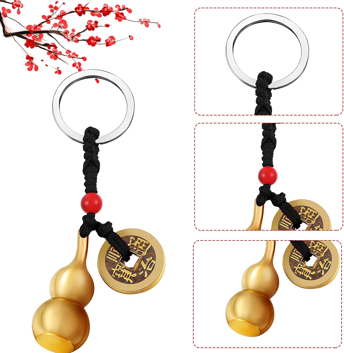 3 Pieces Feng Shui Frog Chinese Knot Lucky Coins Feng Shui Brass Wu Lou with Coins Keychain for Longevity Travel Safely Wealth Success and Good Luck with 1 Blessing Card and 1 Red Blessing Bag