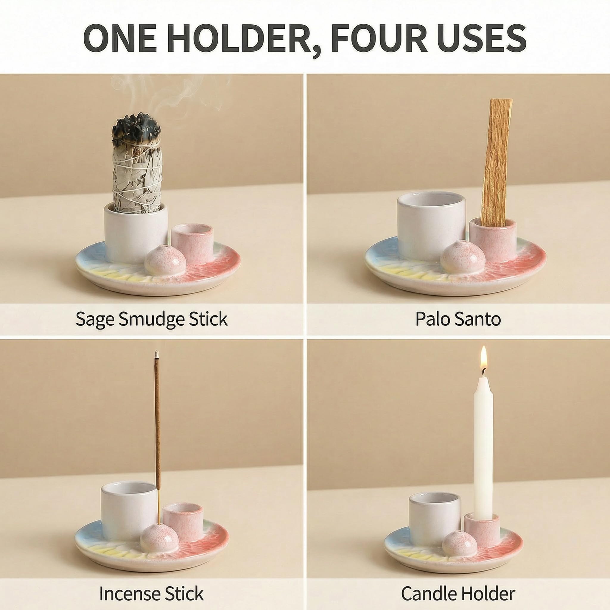 Handmade Ceramic Incense Burner for Palo Santo Incense Sticks, 4 in 1 Multi-Purpose Sage Holder for Burning, Ash Catcher Tray for Meditation Yoga Room (Golden)