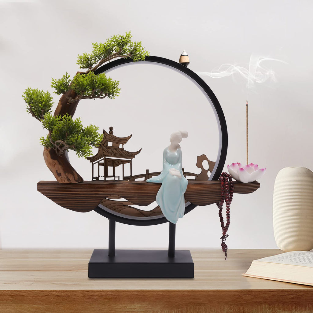 Backflow Incense Holder, Ceramic Incense Burner with Adjustable LED Light, Chinese Style Ornament Incense Holders with Backflow for Relaxing and Home Decor