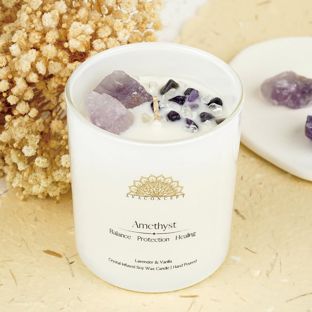 AVACONCEPT Crystal Infused Soy Wax Candle Gift Set Aromatherapy Scented Candles with Healing Crystals Natural Hand-Poured Luxury for Relaxation & Home Décor (Sunstone & Amethyst & Amazonite)