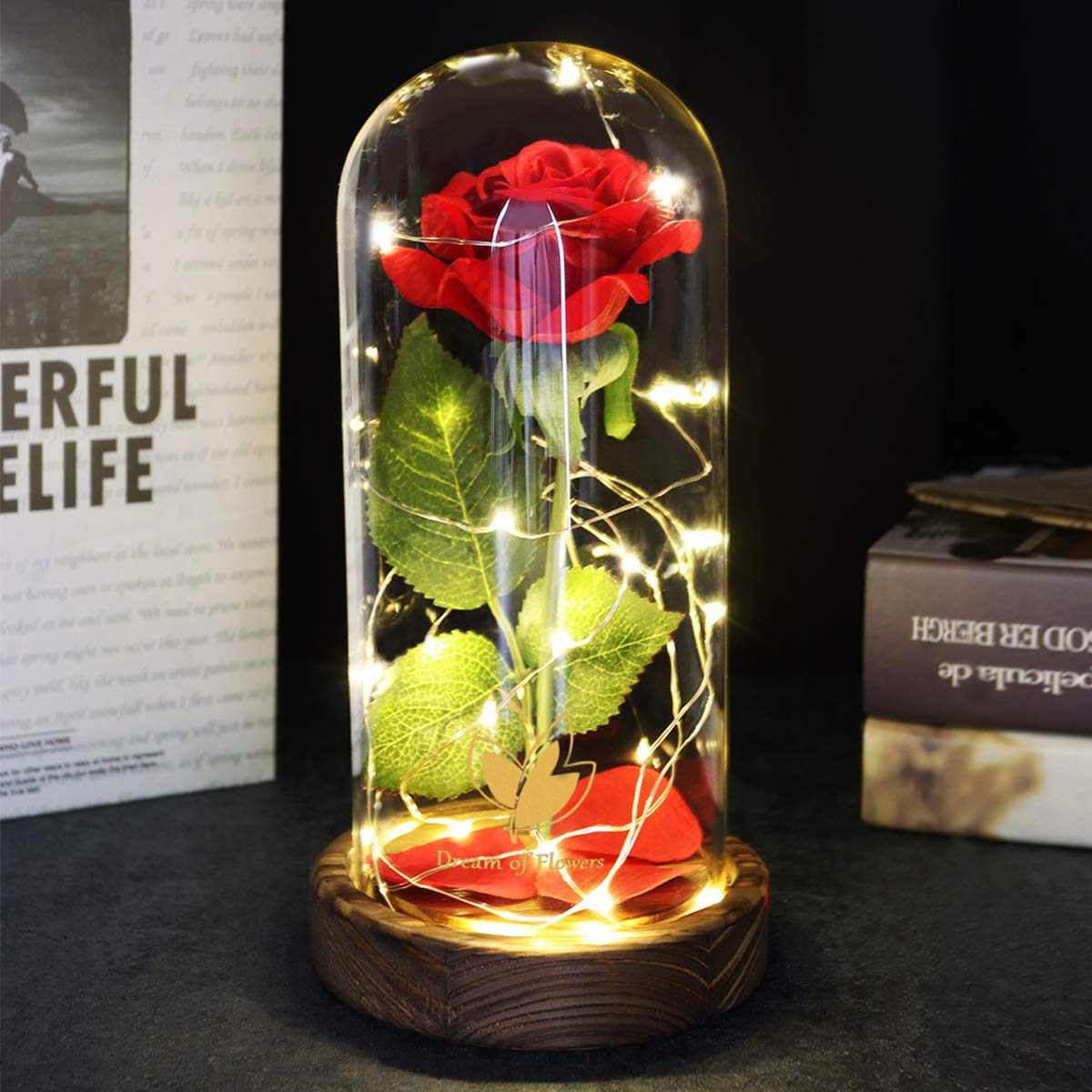 Valentine's Day Gifts for her, Eternal Rose in Glass Dome - Beauty and The Beast Inspired Keepsake, Gifts for Mom/Wife/Grandma, Preserved Roses with LED Light for Birthday/Anniversary