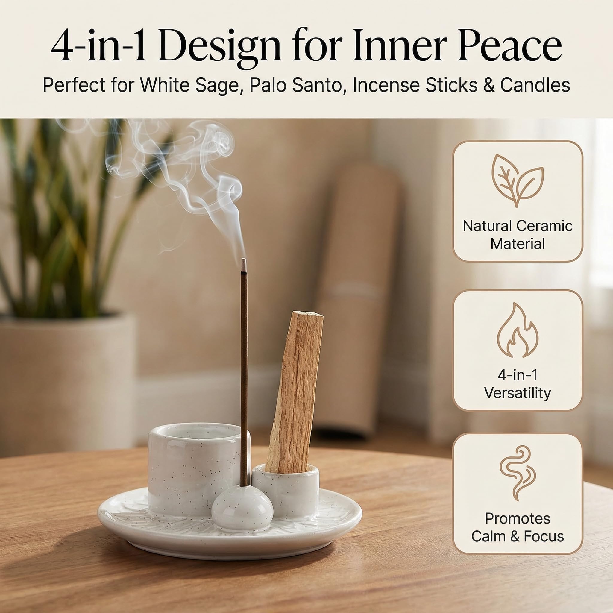 Handmade Ceramic Incense Burner for Palo Santo Incense Sticks, 4 in 1 Multi-Purpose Sage Holder for Burning, Ash Catcher Tray for Meditation Yoga Room (Golden)