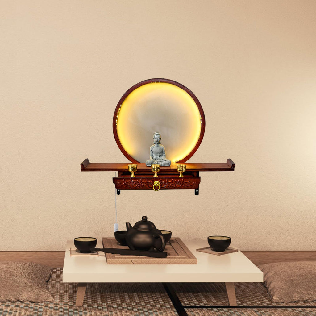 Wall-Mounted Buddha Statue Stand with LED, Small Buddhist Shrine Altar Table, Retractable Bamboo Prayer Offering Table for Living Room (Rosewood Color, 60cm/23.6in)
