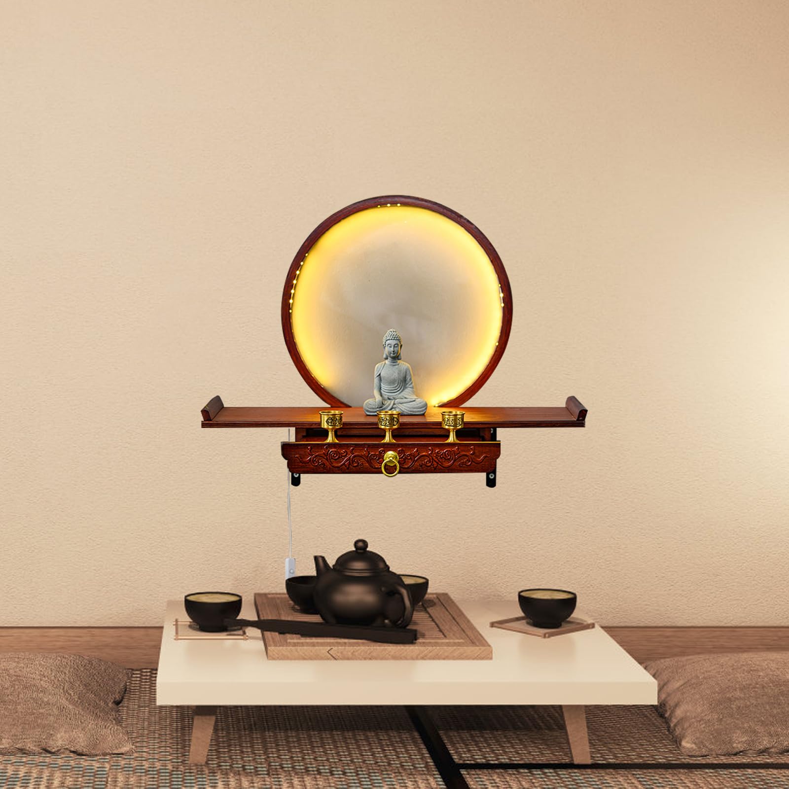 Wall-Mounted Buddha Statue Stand with LED, Small Buddhist Shrine Altar Table, Retractable Bamboo Prayer Offering Table for Living Room (Rosewood Color, 60cm/23.6in)