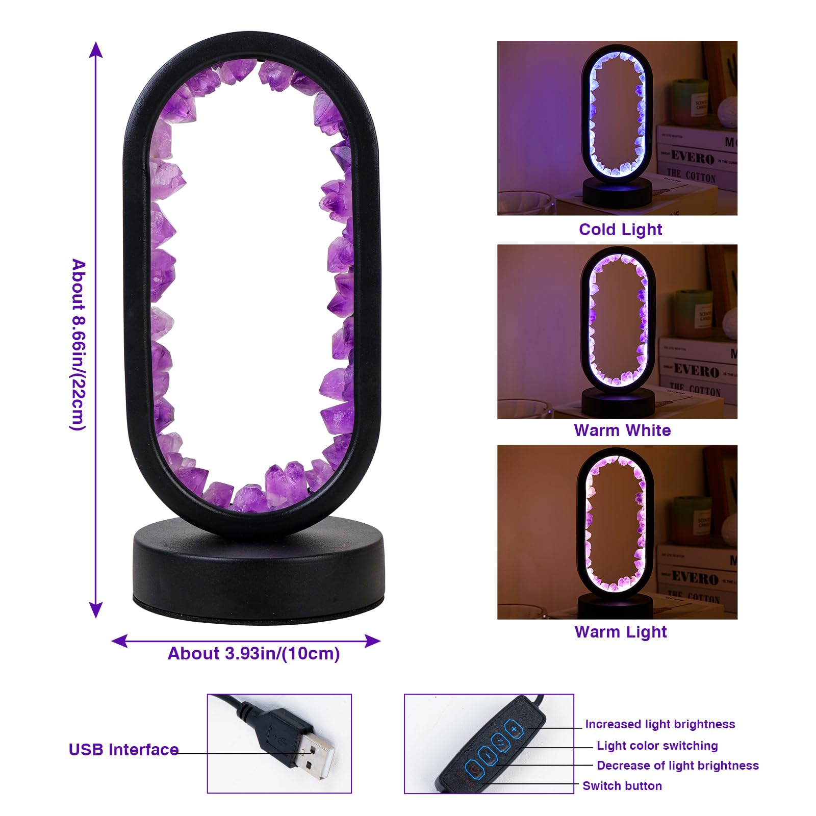 Runyangshi Amethyst Night Lamp 8.6" Natural Healing Crystal Bedside Lamp USB Port 3 Colours Dimming Mode Bedroom Lamp Suitable Night Light for Living Room Bedroom Office Home Decor Ideal Gift