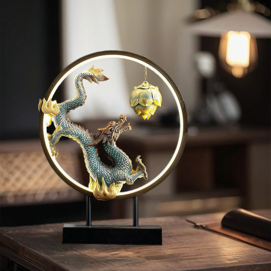 Chinese Ceramic Dragon Statue Backflow Incense Burner Sculpture with USB Power, LED Light Ring,Adjustable Brightness (BJL002)