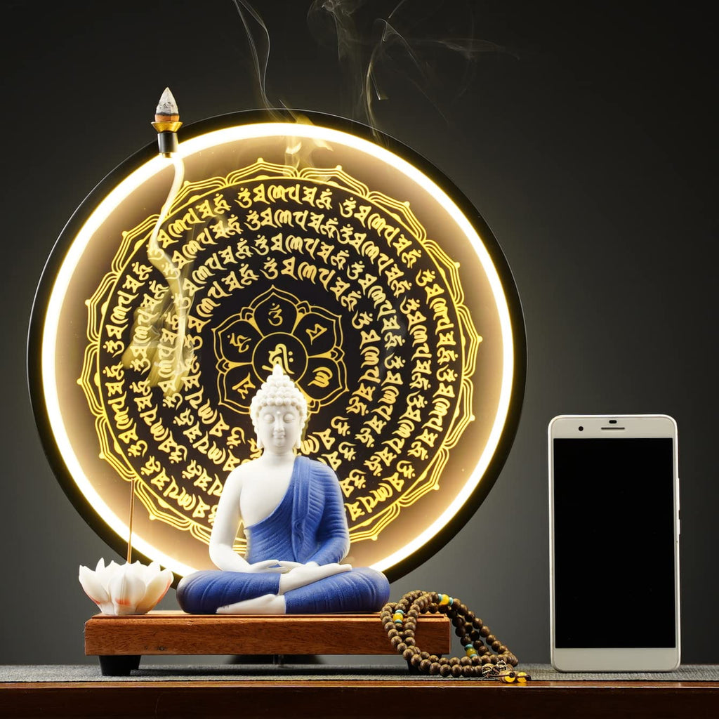 Houlu Yellow Buddha Statue and Circle LED Table Lamp, Ceramic Buddha Statue for Home Décor