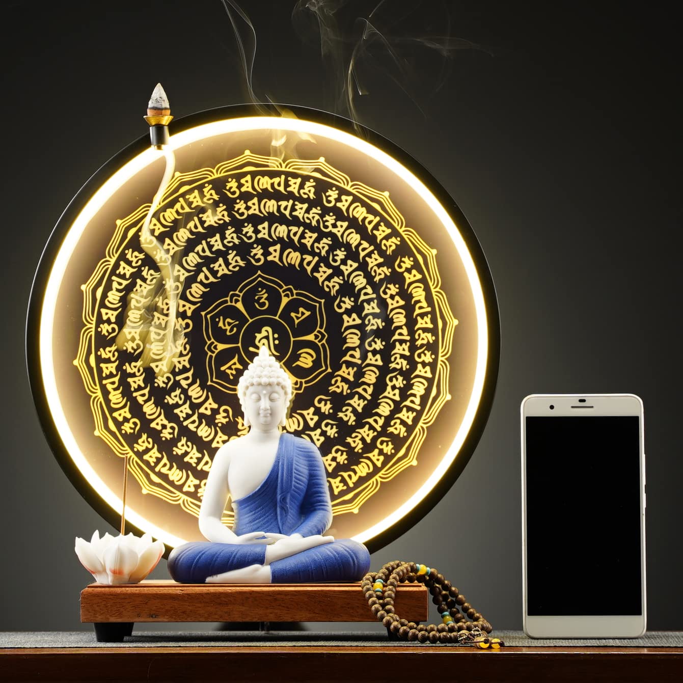Houlu Yellow Buddha Statue and Circle LED Table Lamp, Ceramic Buddha Statue for Home Décor