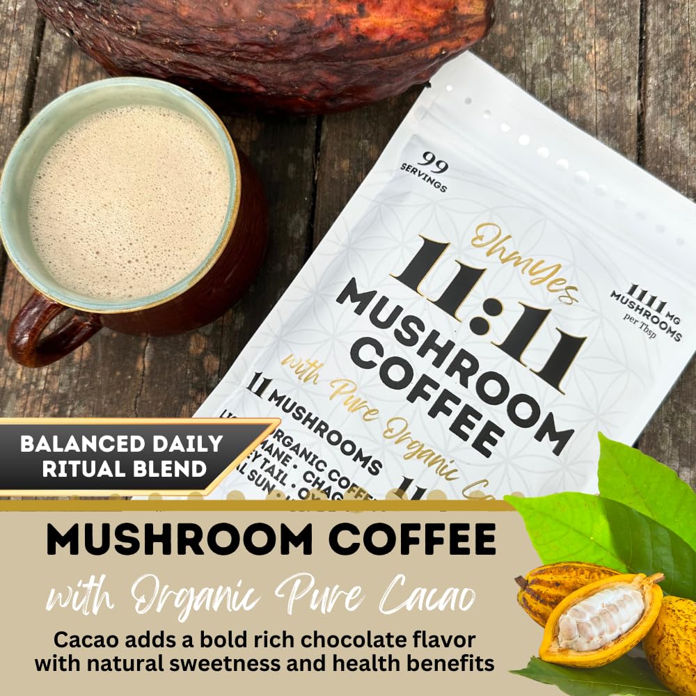 OhmYes Mocha Mushroom Coffee with Pure Cacao | Organic 11 Mushroom Adaptogen Blend (Lions Mane, Reishi, Chaga, Cordyceps) | Premium Chocolate Dark Roast Instant Coffee | Unsweetened | 7oz