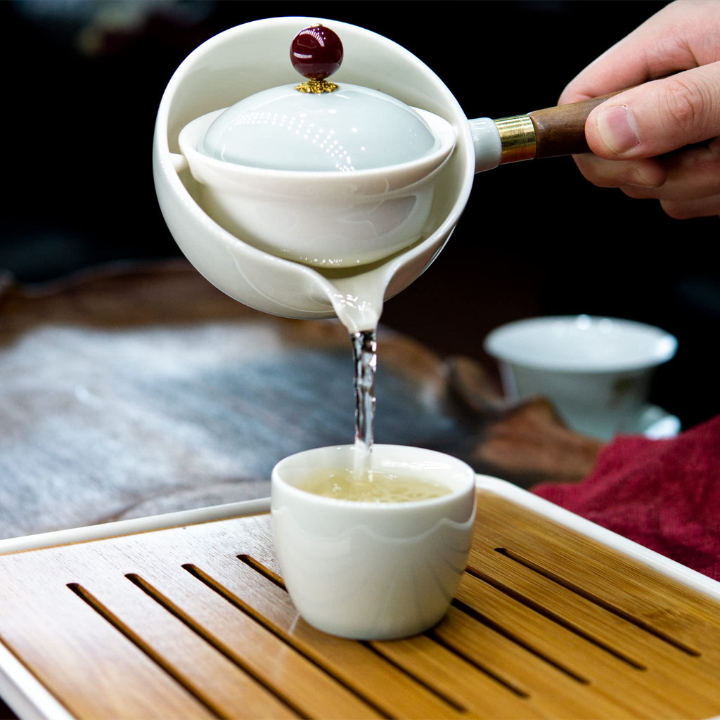 LURRIER Porcelain Chinese Gongfu Tea Set,Portable Teapot Set with 360 Rotation Tea maker and Infuser,Portable All in One Gift Bag for Travel,Home,Gifting,Outdoor and Office (Sakura)