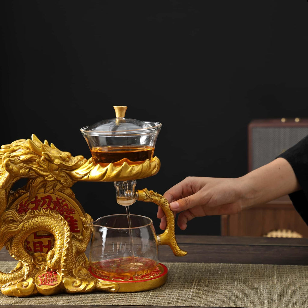Glass Teapot Set with Infuser Semi Automatic Dragon Tea Set with 6 Small Cups (red golden dragon-b)